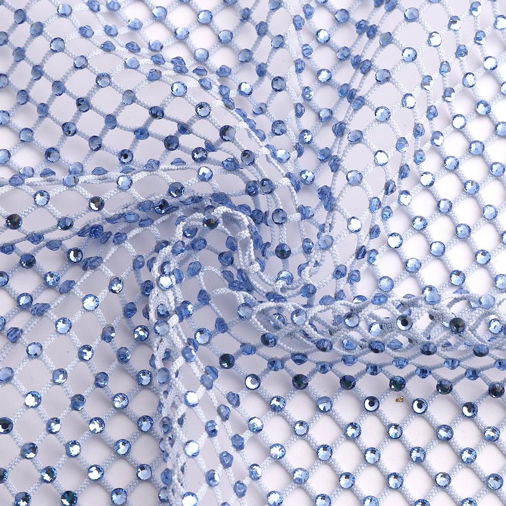 Light Blue Rhinestones Mesh Fabric Sewing Elastic Trim