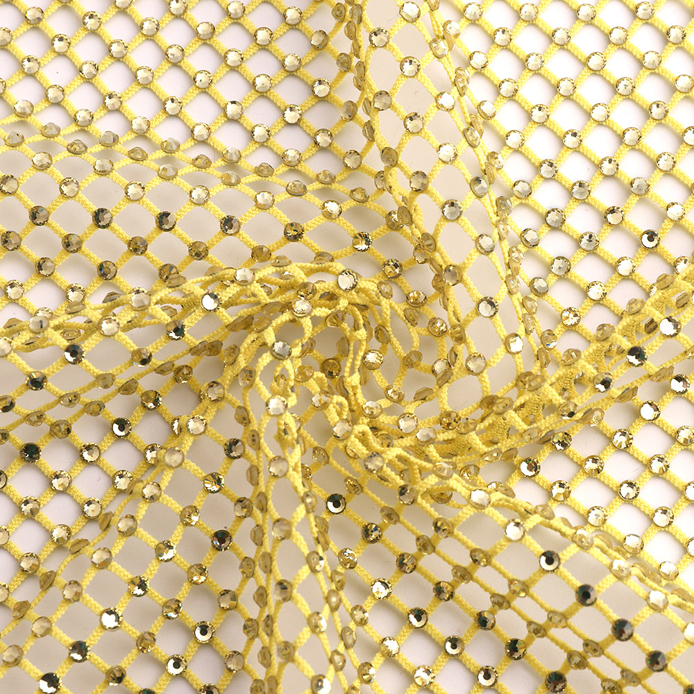 Light Yellow Rhinestones Mesh Fabric Sewing Elastic Trim