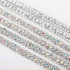 10 Yards Crystal AB Rhinestones Close Cup Chain - 3 Rows Silver Base WholesaleRhinestone