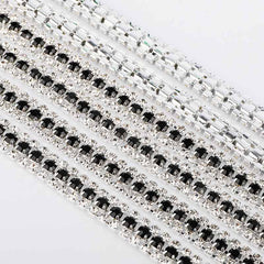 10 Yards Crystal & Black Rhinestones Close Cup Chain - 3 Rows Silver Base WholesaleRhinestone