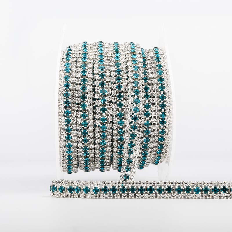 10 Yards Crystal & Indicolite Rhinestones Close Cup Chain - 3 Rows Silver Base WholesaleRhinestone