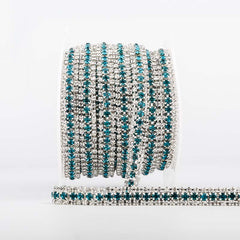 10 Yards Crystal & Indicolite Rhinestones Close Cup Chain - 3 Rows Silver Base WholesaleRhinestone