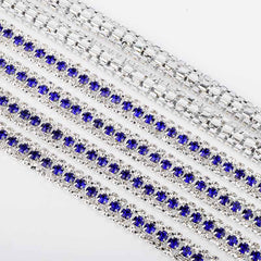 10 Yards Crystal & Sapphire Rhinestones Close Cup Chain - 3 Rows Silver Base WholesaleRhinestone