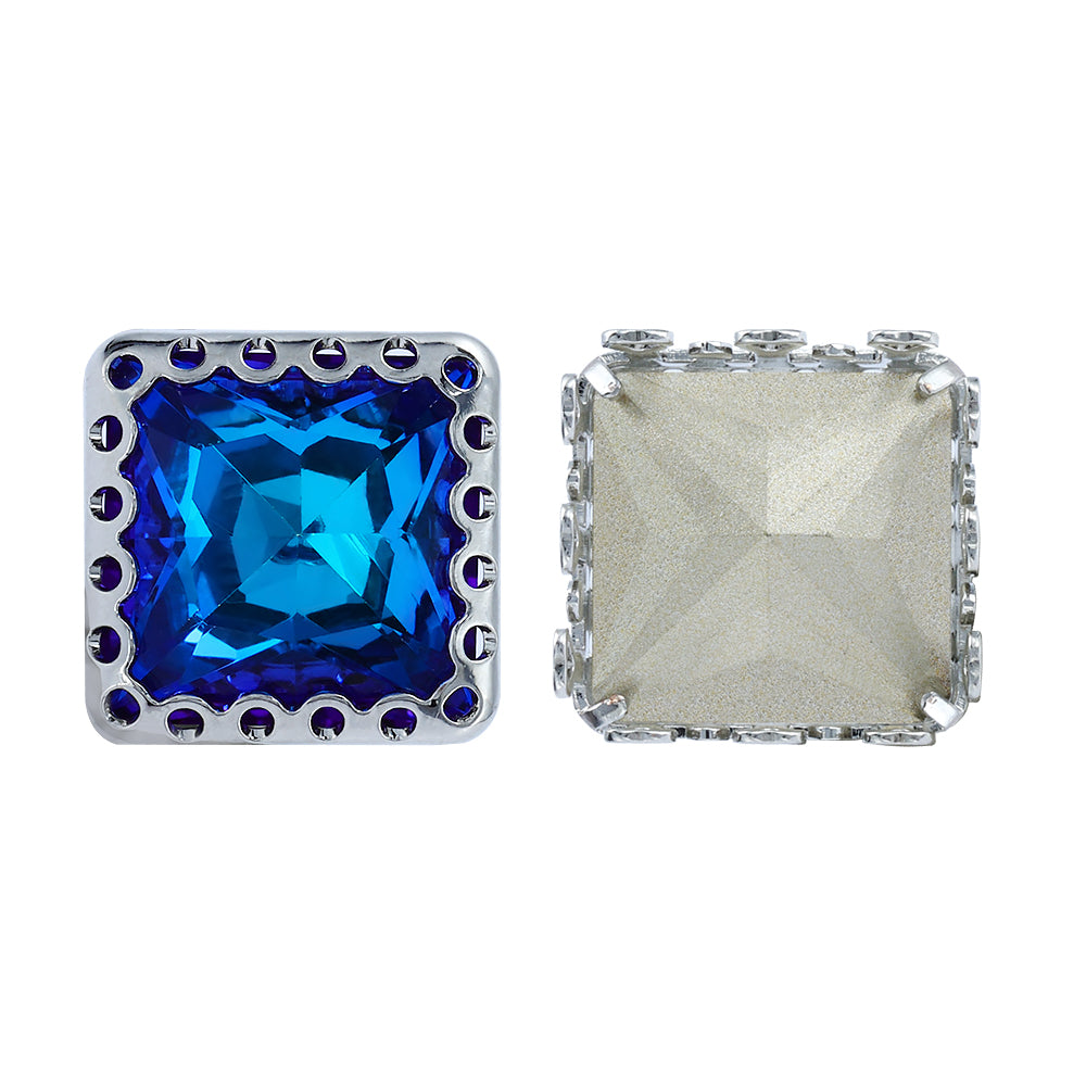 Bermuda Blue Princess Square Shape High-Quality Glass Sew-on Nest Hollow Claw Rhinestones