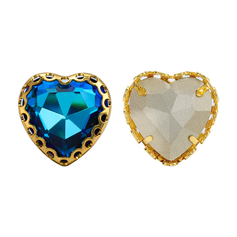 Bermuda Blue Maxi Heart Shape High-Quality Glass Sew-on Nest Hollow Claw Rhinestones