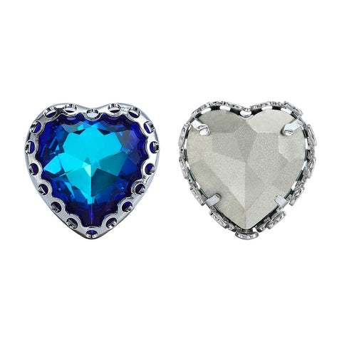 Bermuda Blue Maxi Heart Shape High-Quality Glass Sew-on Nest Hollow Claw Rhinestones