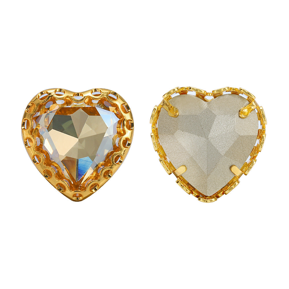 Golden Shadow Maxi Heart Shape High-Quality Glass Sew-on Nest Hollow Claw Rhinestones