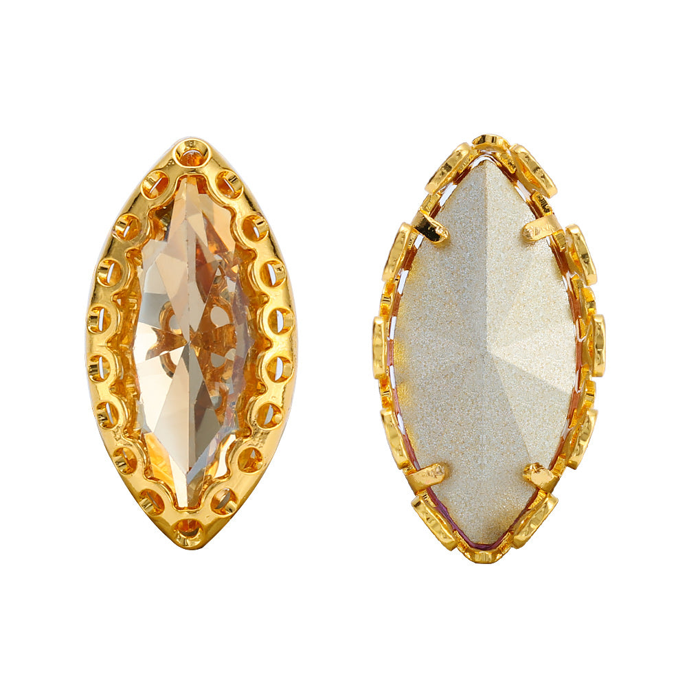 Golden Shadow Navette Shape High-Quality Glass Sew-on Nest Hollow Claw Rhinestones