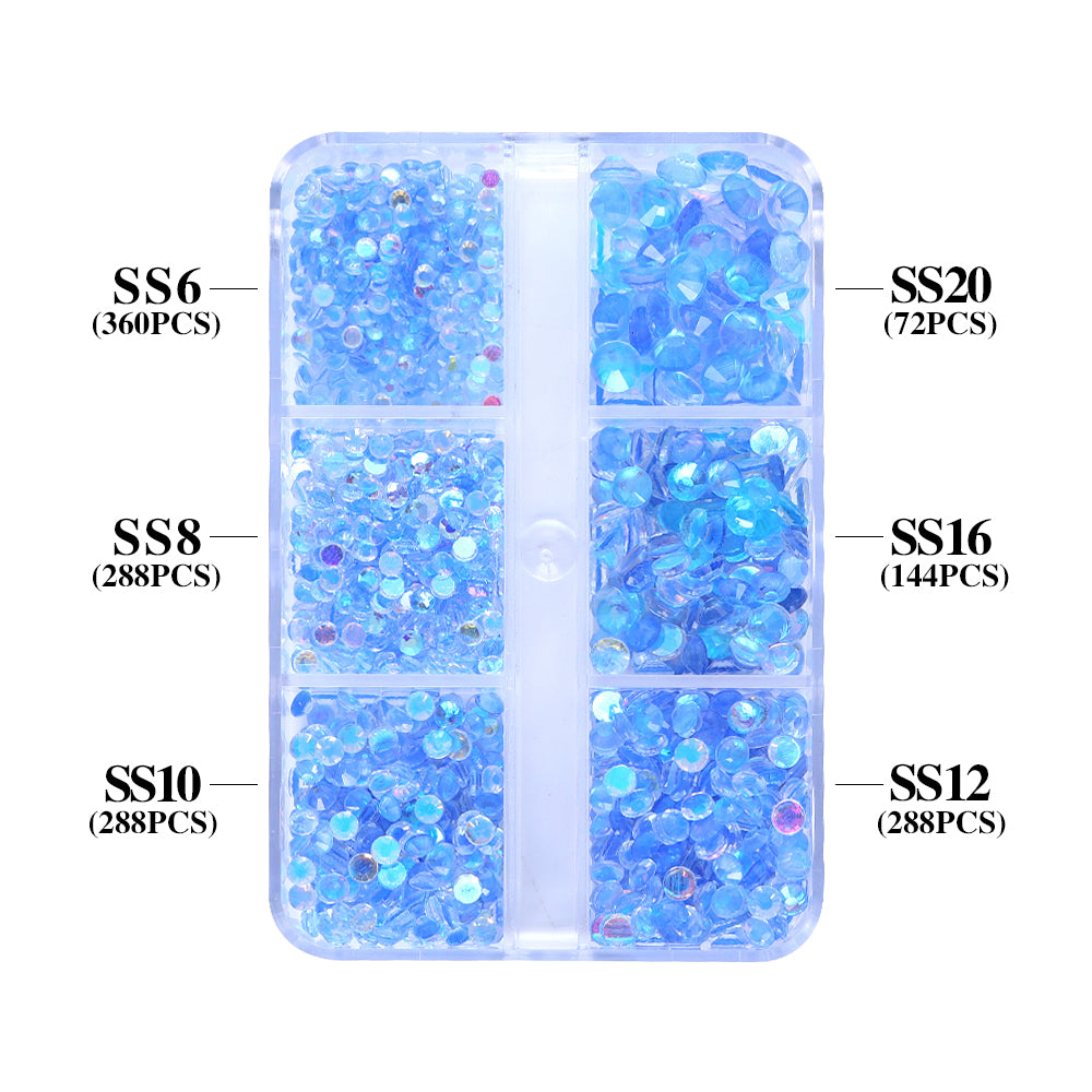 Mixed Sizes 6 Grid Box Aurora Light Blue Unfoiled Glass FlatBack Rhinestones For Nail Art