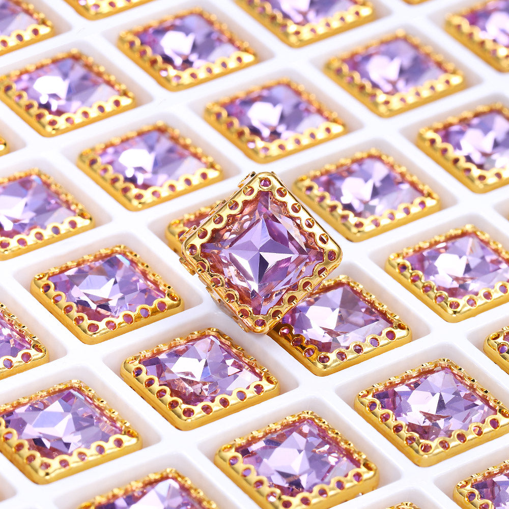 Violet Princess Square Shape High-Quality Glass Sew-on Nest Hollow Claw Rhinestones