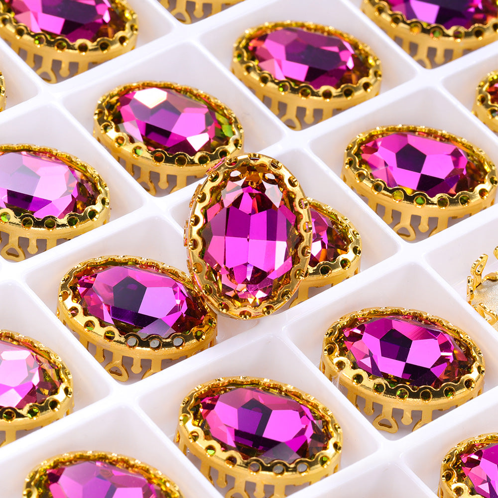 Vitrail Rose Oval Shape High-Quality Glass Sew-on Nest Hollow Claw Rhinestones
