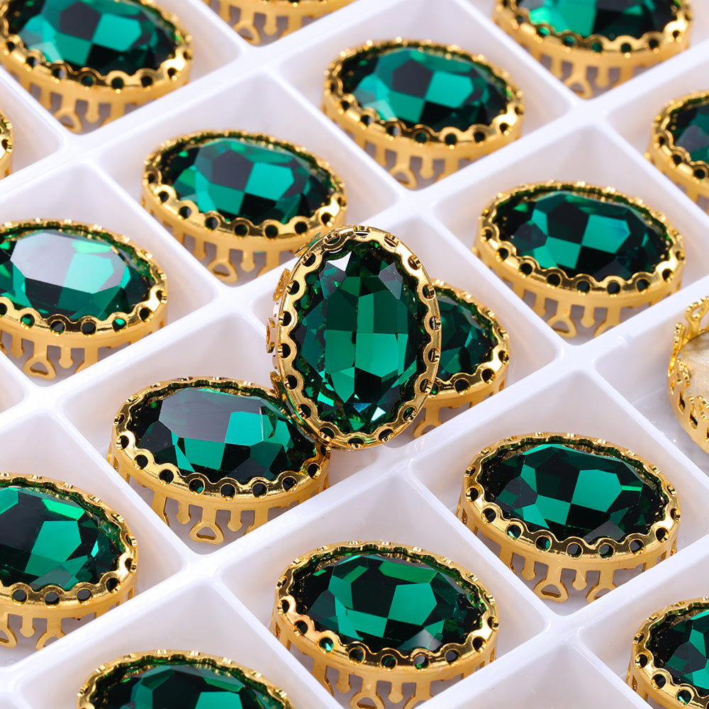 Emerald Oval Shape High-Quality Glass Sew-on Nest Hollow Claw Rhinestones