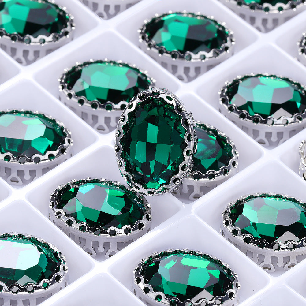 Emerald Oval Shape High-Quality Glass Sew-on Nest Hollow Claw Rhinestones