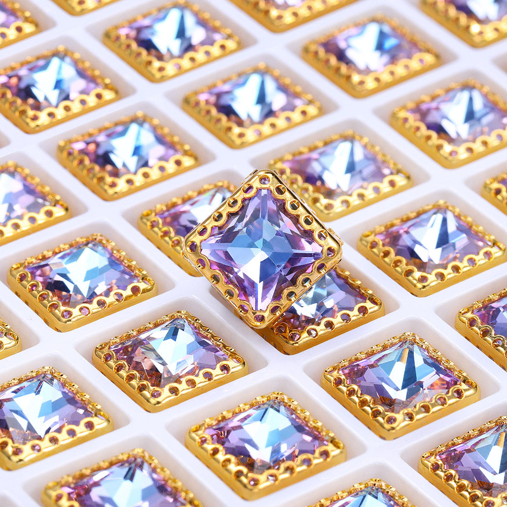 Vitrail Light Princess Square Shape高品質のガラス縫製巣の中空の爪Rhinestones