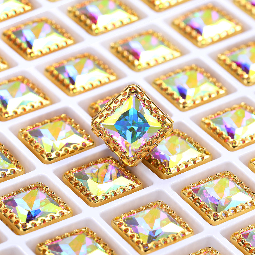 Crystal AB Princess Square Shape High-Quality Glass Sew-on Nest Hollow Claw Rhinestones