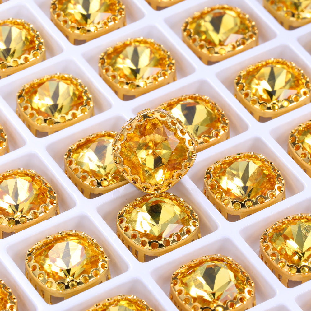 Light Topaz Cushion Square Shape High-Quality Glass Sew-on Nest Hollow Claw Rhinestones WholesaleRhinestone
