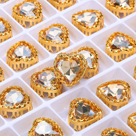 Golden Shadow Maxi Heart Shape High-Quality Glass Sew-on Nest Hollow Claw Rhinestones