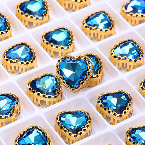 Bermuda Blue Maxi Heart Shape High-Quality Glass Sew-on Nest Hollow Claw Rhinestones