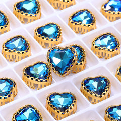 Bermuda Blue Maxi Heart Shape High-Quality Glass Sew-on Nest Hollow Claw Rhinestones