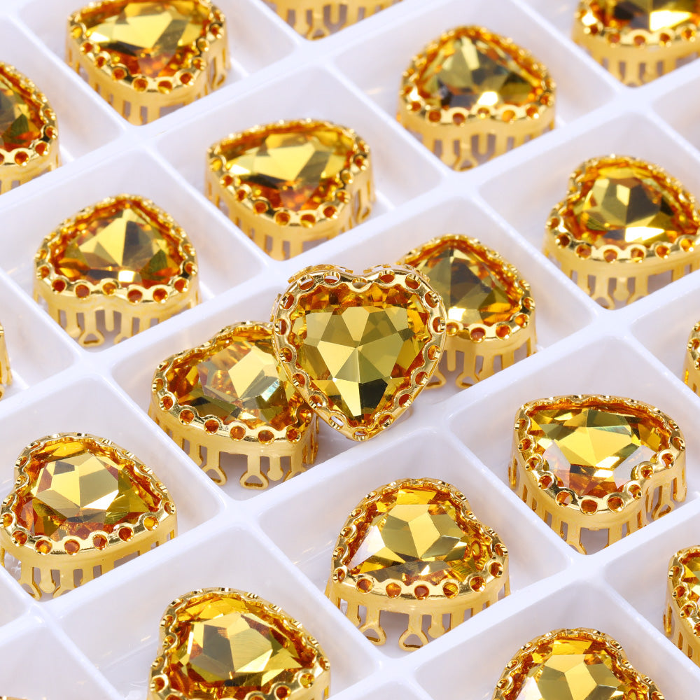 Light Topaz Maxi Heart Shape High-Quality Glass Sew-on Nest Hollow Claw Rhinestones WholesaleRhinestone