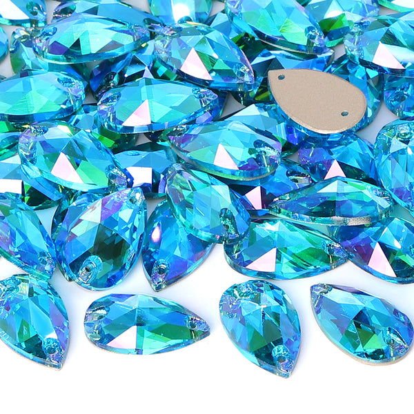 Aquamarine Shimmer Drop Shape High Quality Glass Sew-on Rhinestones WholesaleRhinestone
