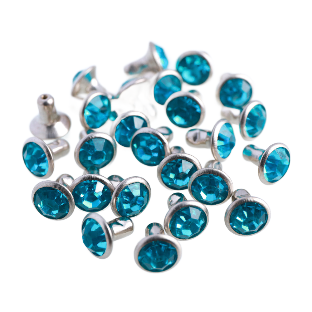 100 Sets Aquamarine Glass Rhinestone Rivets for Leather Craft DIY Making