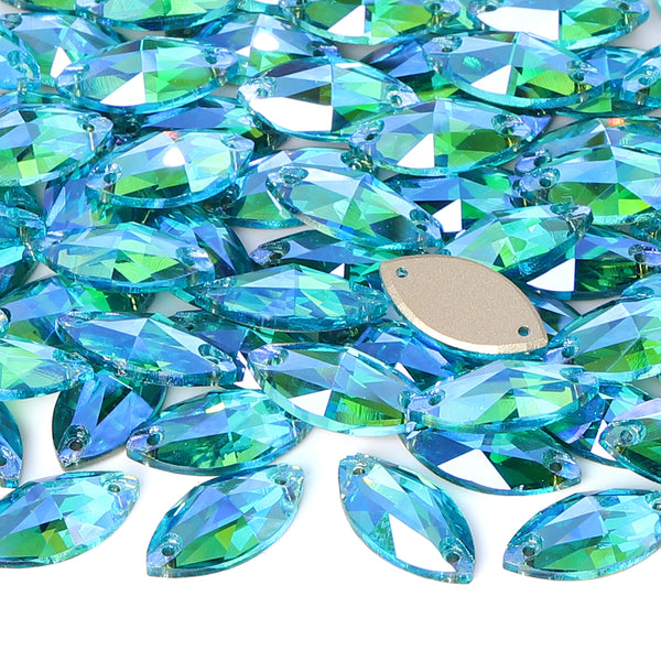 Aquamarine Shimmer Navette Shape High Quality Glass Sew-on Rhinestones