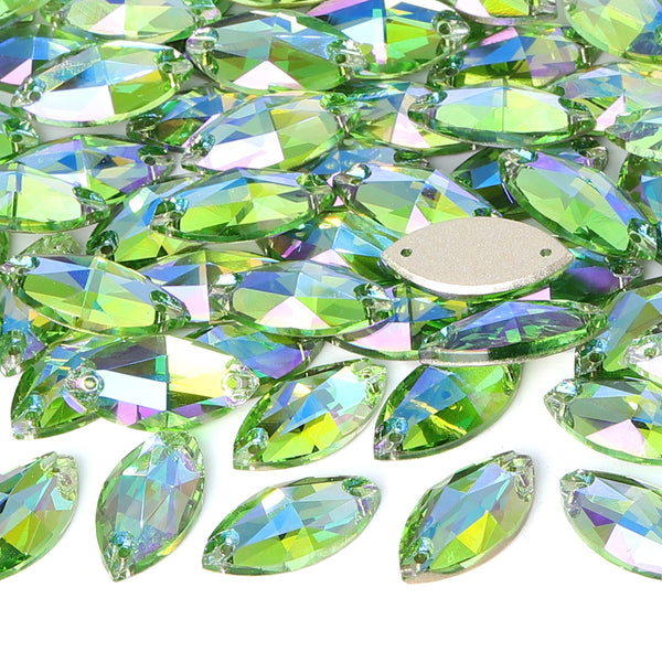 Peridot Shimmer Navette Shape High Quality Glass Sew-on Rhinestones WholesaleRhinestone