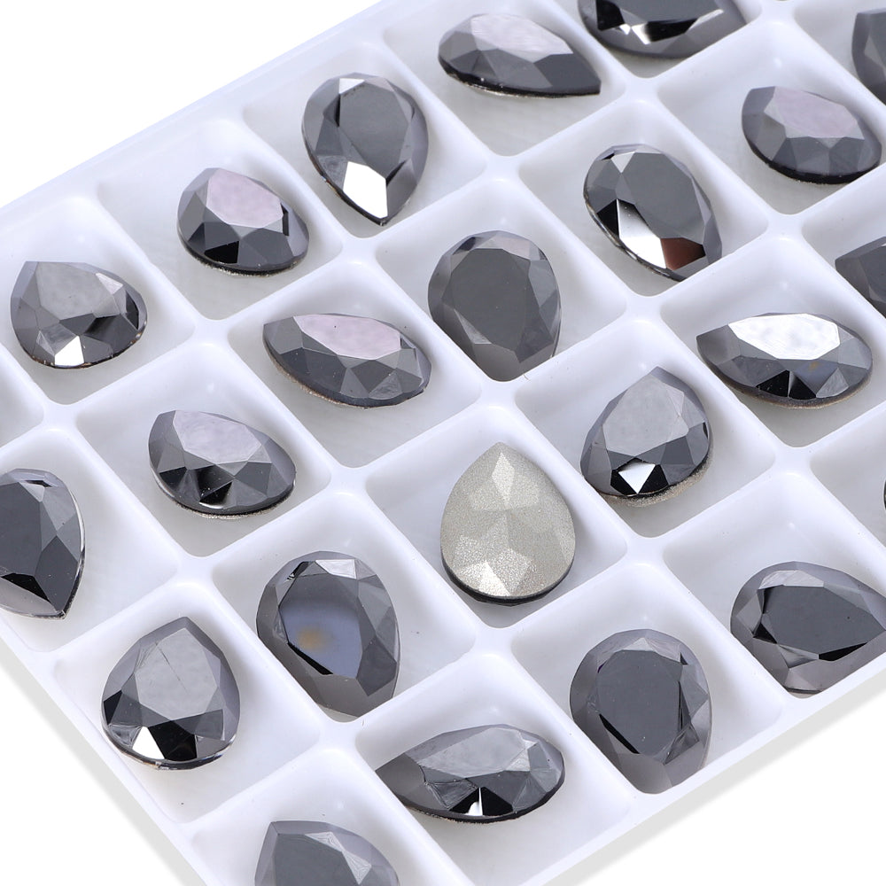 Jet Metallic Silver Pear Shape High Quality Glass Pointed Back Fancy Rhinestones WholesaleRhinestone