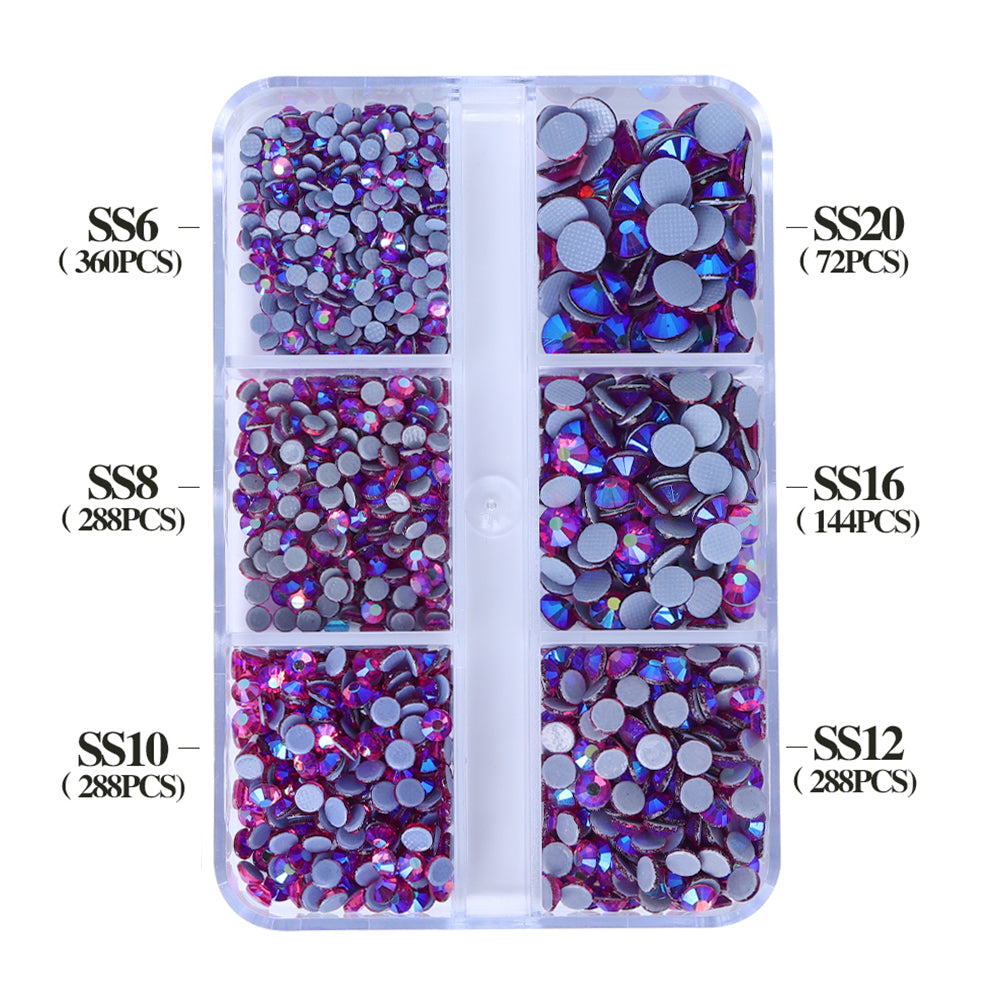 Mixed Sizes 6 Grid Box Fuchsia AB Glass HotFix Rhinestones For Clothing DIY WholesaleRhinestone