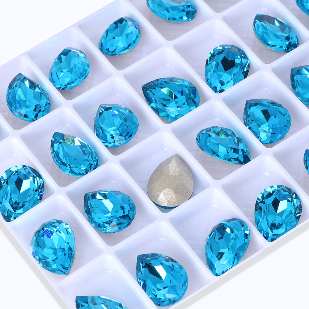 Aquamarine Pear Shape High Quality Glass Pointed Back Fancy Rhinestones