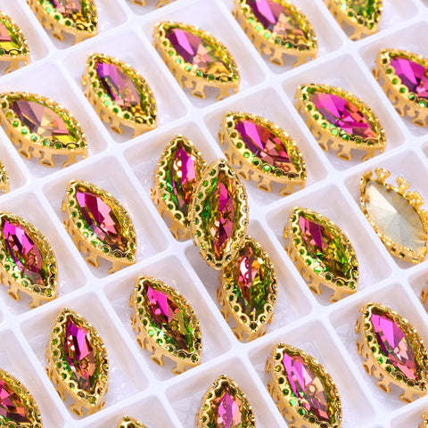 Vitrail Rose Navette Shape High-Quality Glass Sew-on Nest Hollow Claw Rhinestones