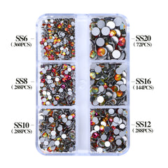 Mixed Sizes 6 Grid Box Red Volcano Glass FlatBack Rhinestones For Nail Art Silver Back