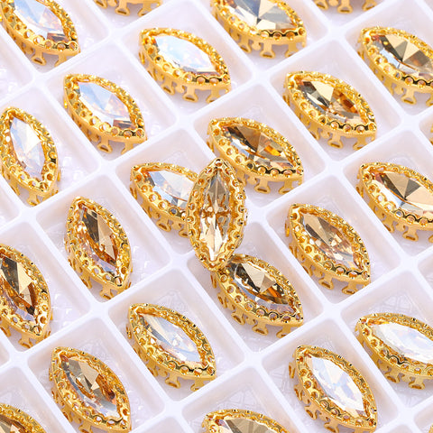 Golden Shadow Navette Shape High-Quality Glass Sew-on Nest Hollow Claw Rhinestones