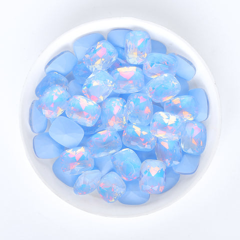 Light Blue AM Pillow Shape Glass Pointed Back Fancy Rhinestones