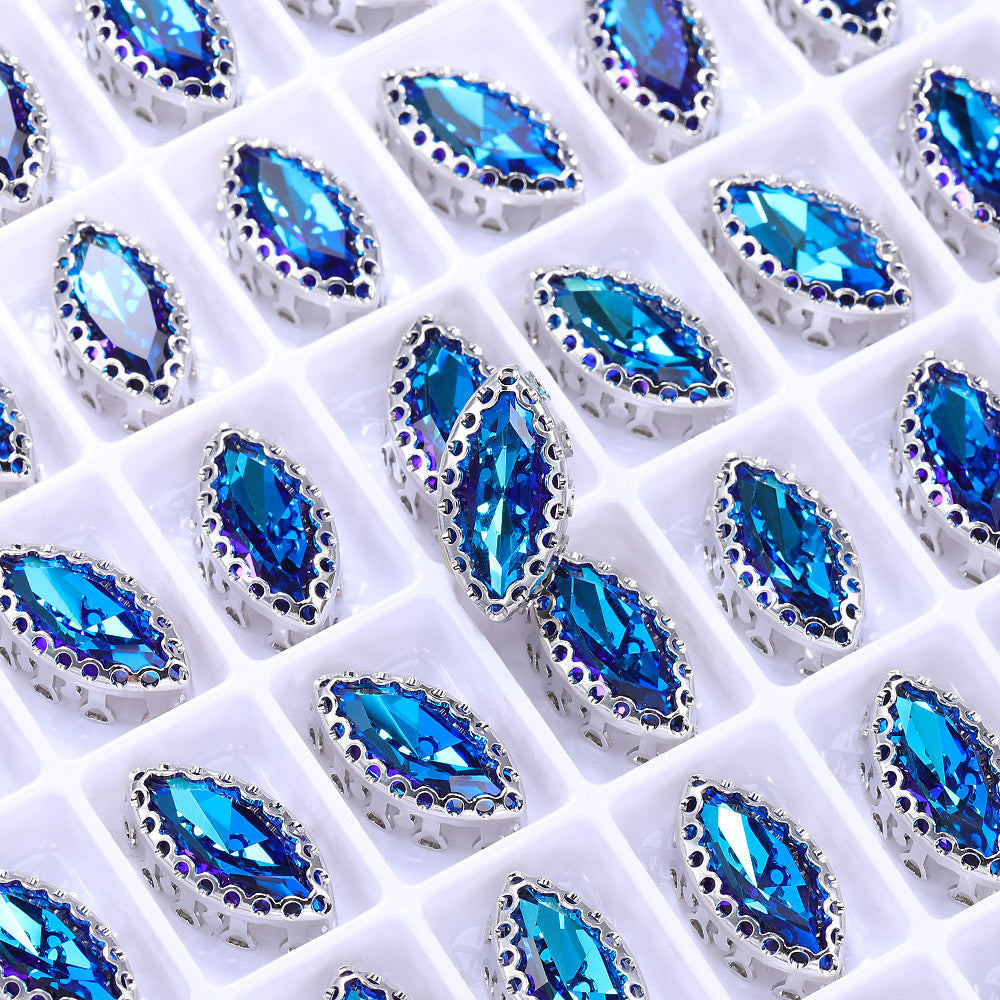 Bermuda Blue Navette Shape High-Quality Glass Sew-on Nest Hollow Claw Rhinestones WholesaleRhinestone