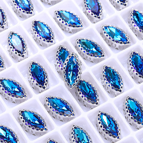 Bermuda Blue Navette Shape High-Quality Glass Sew-on Nest Hollow Claw Rhinestones