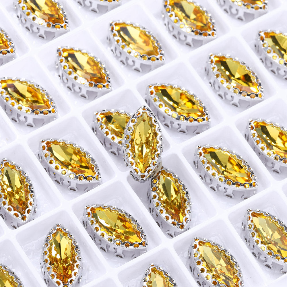 Light Topaz Navette Shape High-Quality Glass Sew-on Nest Hollow Claw Rhinestones WholesaleRhinestone