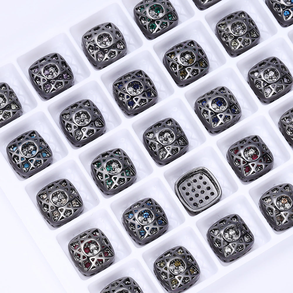 Cushion Square Shape Hematite Plated High-Quality Sew-on Alloy Charms Inlaid Cubic Zirconia