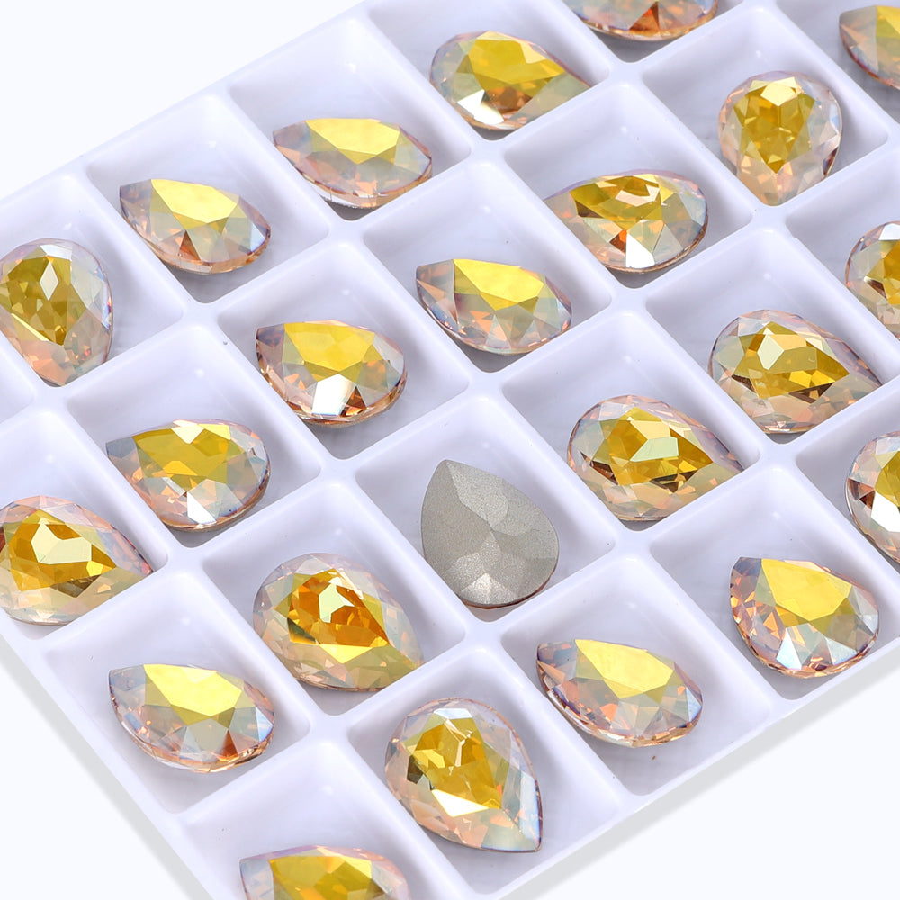 Metallic Sunshine Pear Shape High Quality Glass Pointed Back Fancy Rhinestones