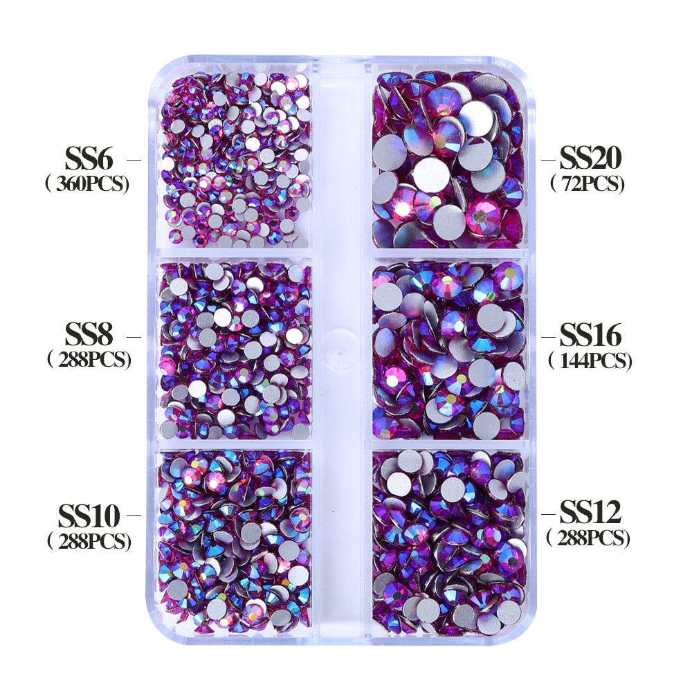 Mixed Sizes 6 Grid Box Fuchsia AB Glass FlatBack Rhinestones For Nail Art  Silver Back WholesaleRhinestone