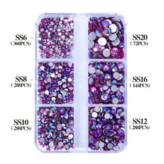 Mixed Sizes 6 Grid Box Fuchsia AB Glass FlatBack Rhinestones For Nail Art  Silver Back