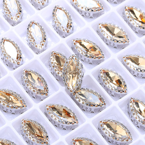 Golden Shadow Navette Shape High-Quality Glass Sew-on Nest Hollow Claw Rhinestones