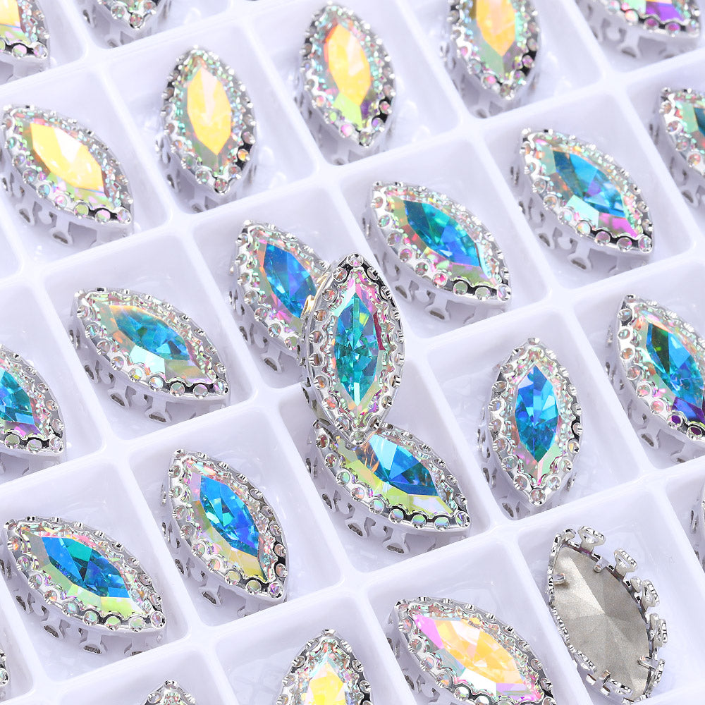 Crystal AB Navette Shape High-Quality Glass Sew-on Nest Hollow Claw Rhinestones WholesaleRhinestone