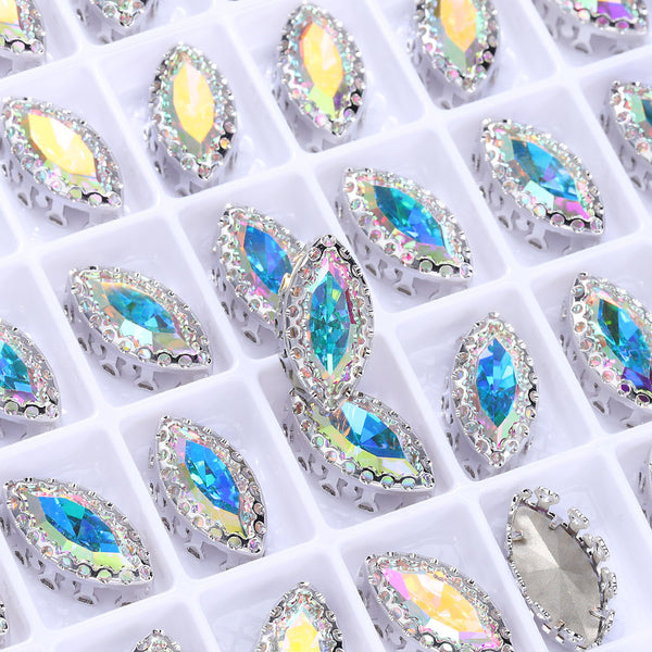 Crystal AB Navette Shape High-Quality Glass Sew-on Nest Hollow Claw Rhinestones WholesaleRhinestone
