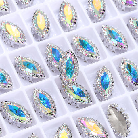 Crystal AB Navette Shape High-Quality Glass Sew-on Nest Hollow Claw Rhinestones