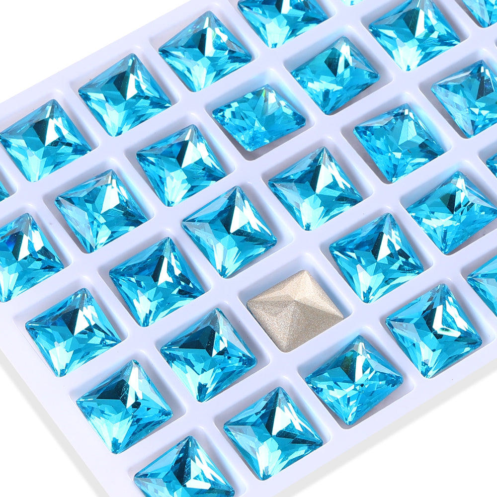 Aquamarine Princess Square Shape High Quality Glass Pointed Back Fancy Rhinestones