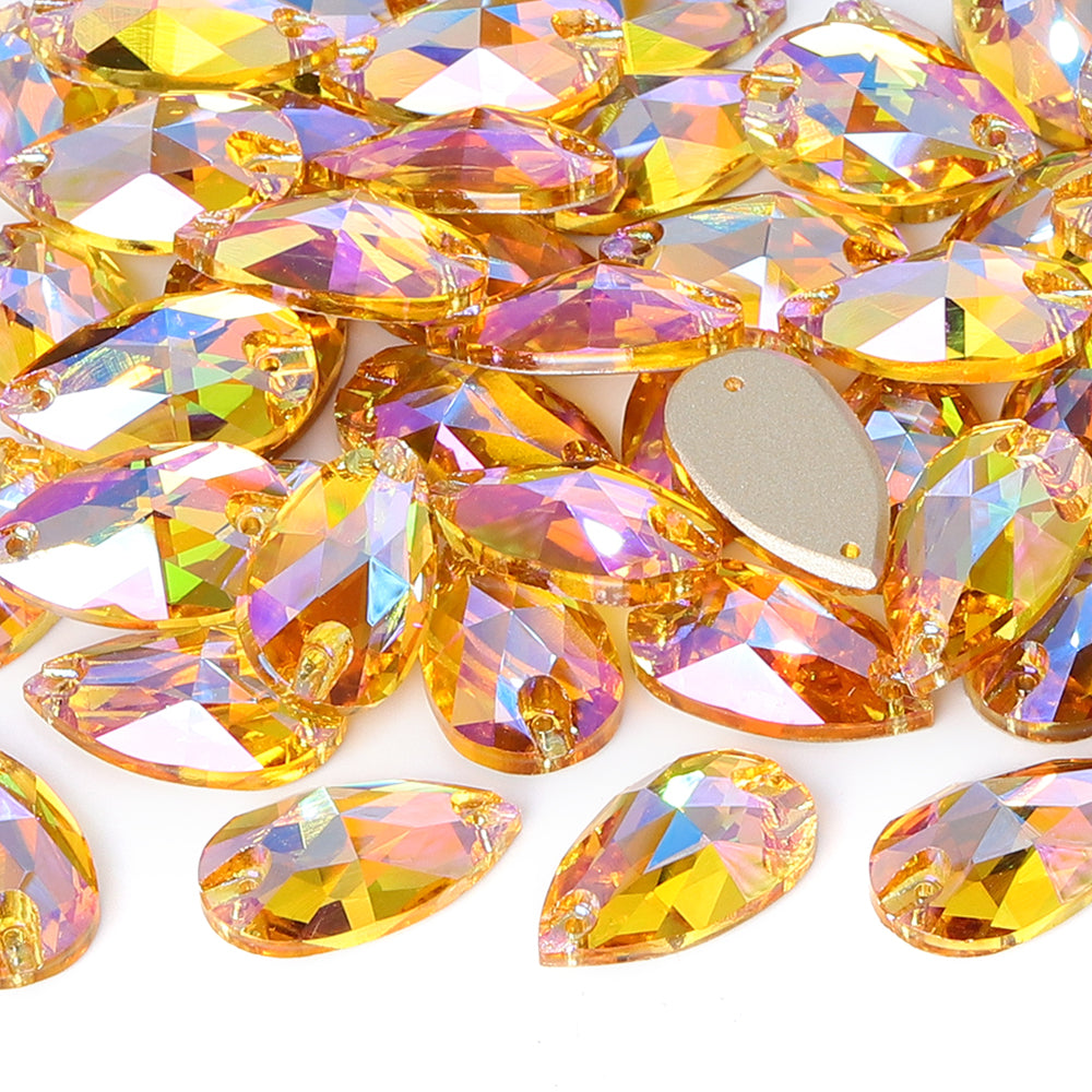 Light Topaz Shimmer Drop Shape High Quality Glass Sew-on Rhinestones WholesaleRhinestone