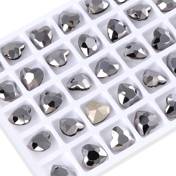 Jet Metallic Silver Heart Shape High Quality Glass Pointed Back Fancy Rhinestones WholesaleRhinestone
