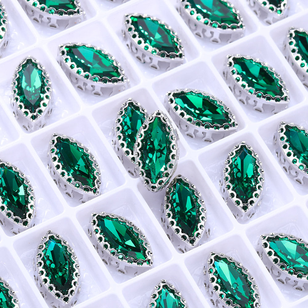 Emerald Navette Shape High-Quality Glass Sew-on Nest Hollow Claw Rhinestones
